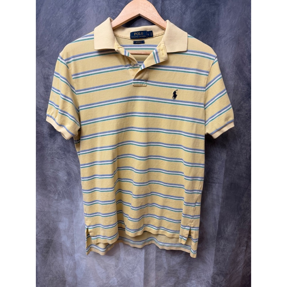 Polo Ralph‎ Lauren Mens Custom Fit Striped Polo Shirt Yellow Blue Green Large